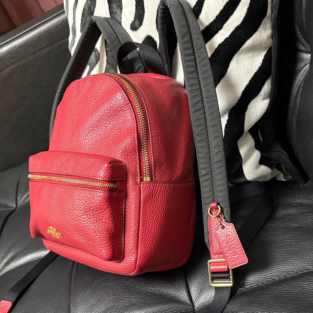 Coach Red Leather Backpack with Black Straps - Picture 5 of 13